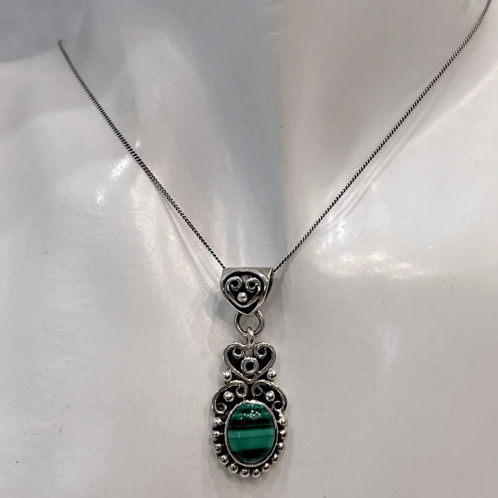 Malachite Sterling Silver Pendant 18” Necklace